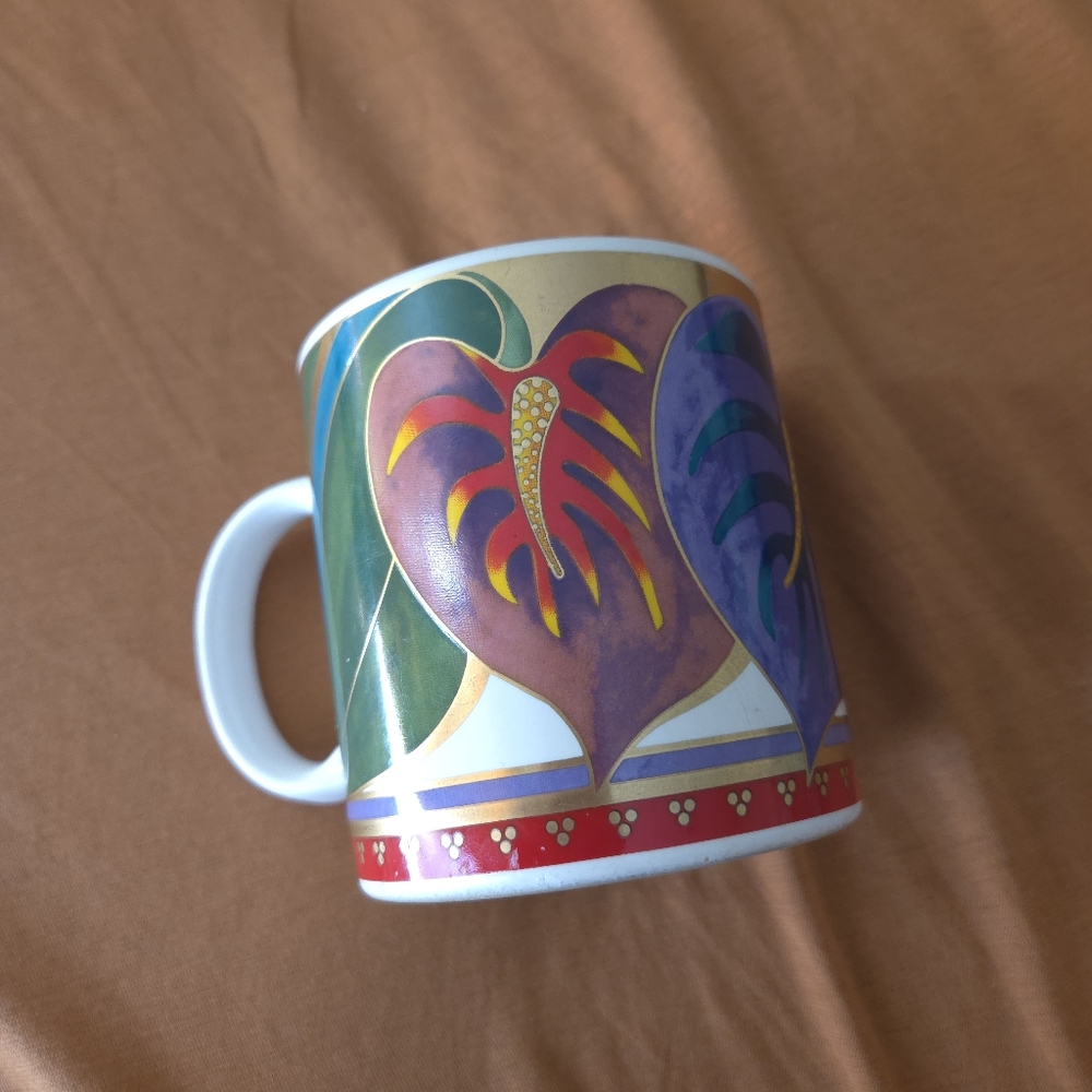 Laurel Burch Anthurium Floral Red Green Metallic Gold Art Mug Coffee Tea Japan
